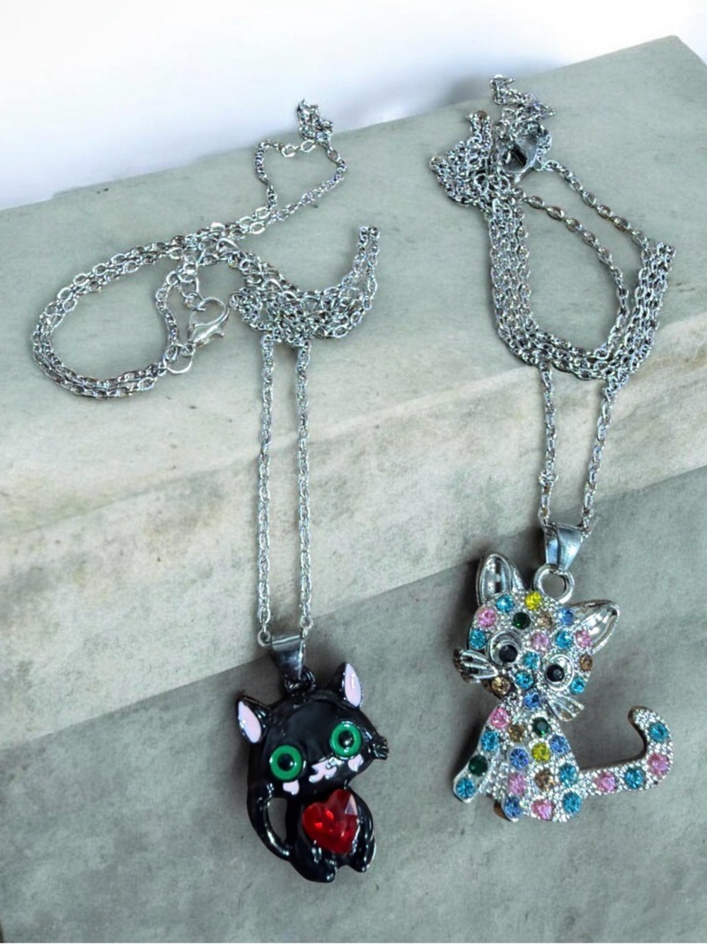 2 Cute Cat Pendant Necklaces - Black Enamel & Multicolor Crystal